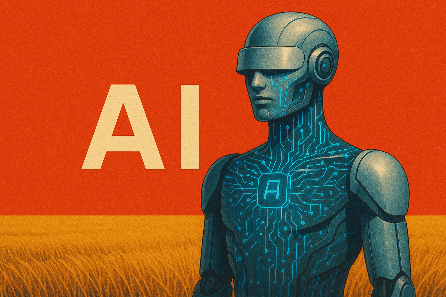 AI robot in a field depicting the contrast between nature and advanced technology, symbolizing artificial intelligence presence in the natural world and the merging of organic and synthetic environments