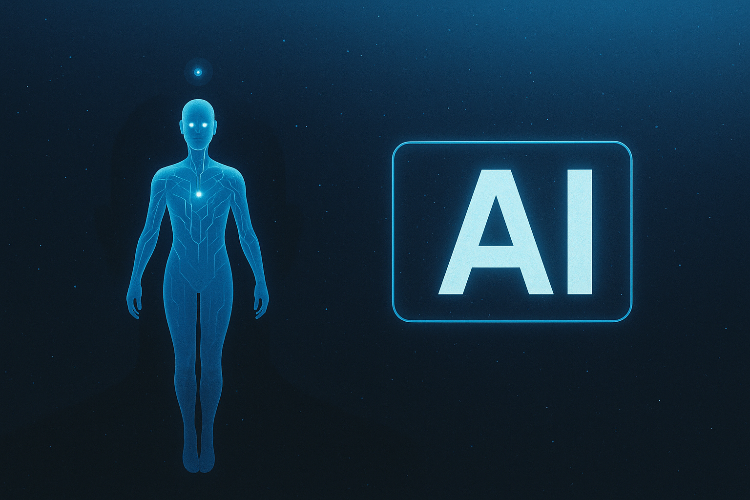 AI and human integration concept in high-resolution illustrating the merging of human consciousness with artificial intelligence, symbolizing future evolution, cybernetic harmony, and technological transcendence