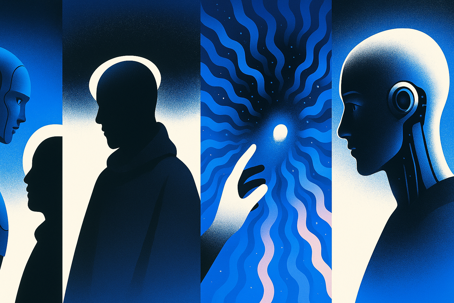 AI and human interaction art illustrating the connection between people and intelligent machines, symbolizing collaboration, emotional intelligence, and the artistic vision of human-AI relationships