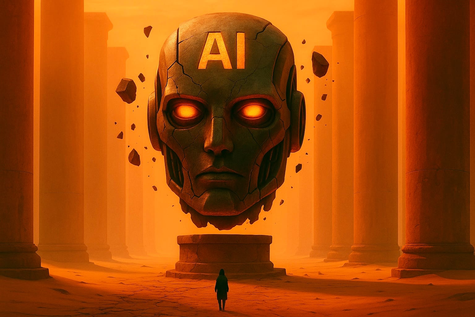 AI colossus in an ancient temple setting symbolizing the fusion of futuristic technology with ancient mythology, representing artificial intelligence as a modern deity or forgotten machine god