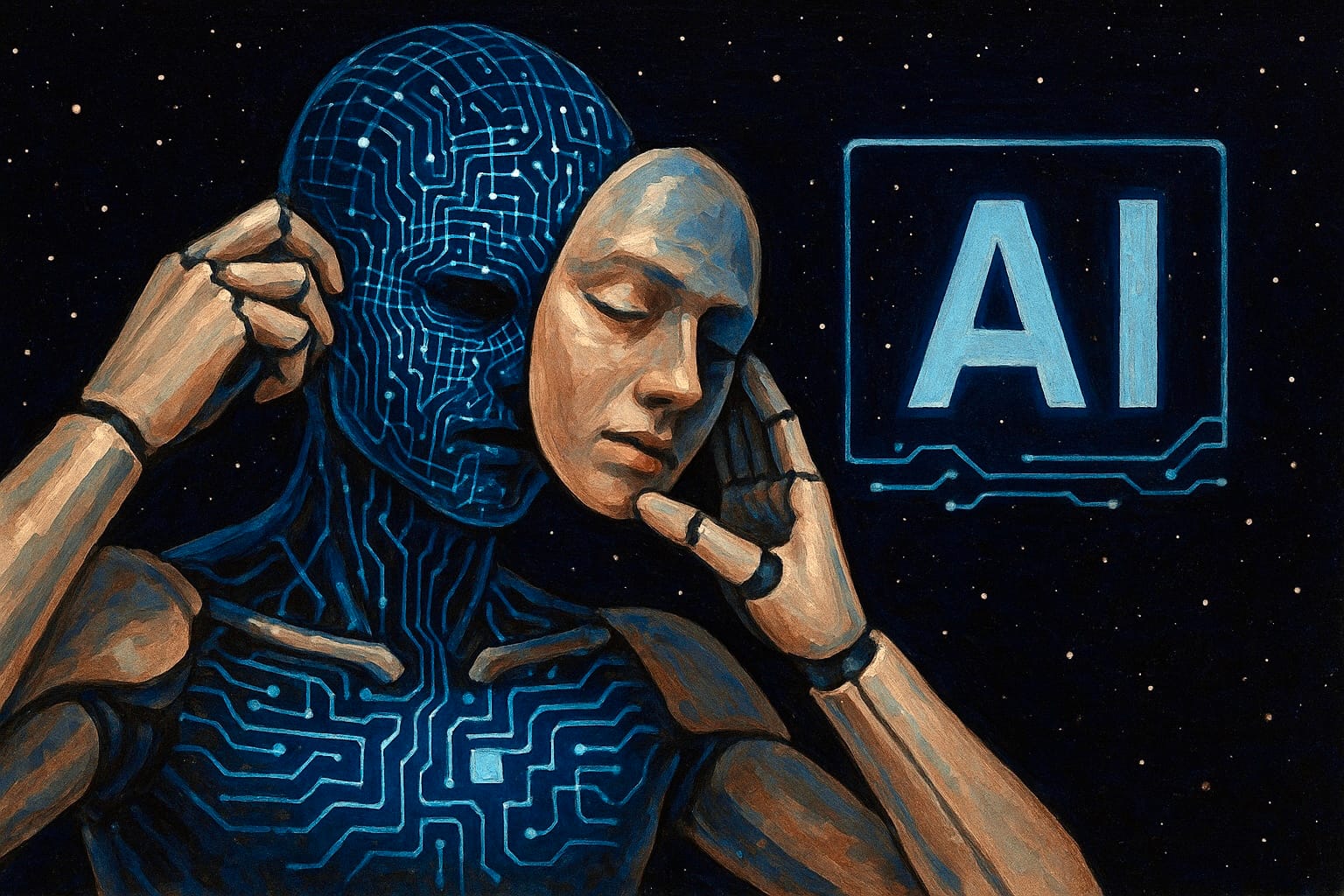 AI conceptual art illustrating the fusion of human and machine elements, symbolizing cybernetic evolution, transhumanism, and the integration of artificial intelligence with the human form