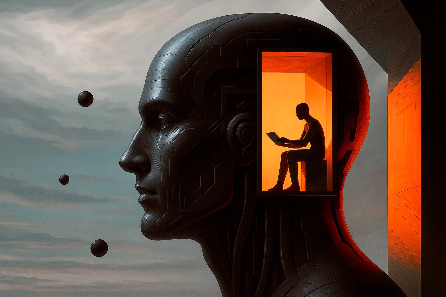 AI conceptual art depicting the human mind interconnected with artificial intelligence, symbolizing cognitive augmentation, neural networks, and the fusion of biology and technology
