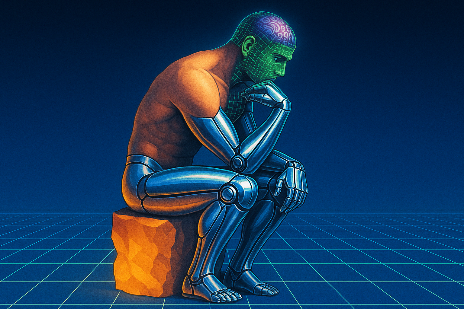 AI contemplation in high-resolution featuring a thoughtful human figure and a sculptural robot, symbolizing consciousness, artificial intelligence reflection, and the intersection of humanity and technology