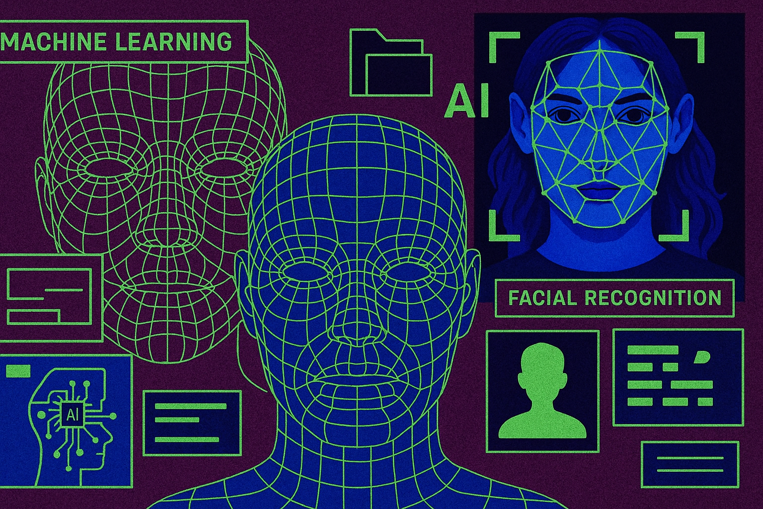 AI facial recognition technology depicting biometric scanning, identity verification, and advanced surveillance systems powered by artificial intelligence