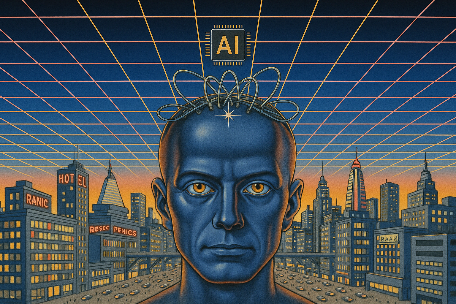 AI futuristic cityscape in retrofuturism style representing a blend of vintage sci-fi aesthetics, advanced artificial intelligence infrastructure, and nostalgic visions of future urban life