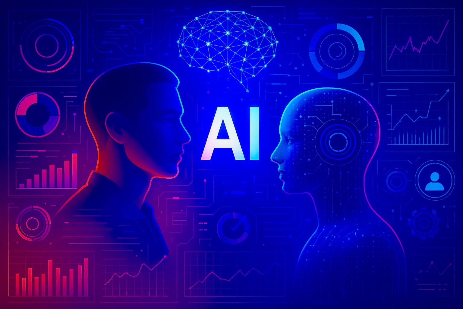 AI human interaction concept illustrating the connection between humans and intelligent systems, symbolizing collaboration, emotional computing, and the future of human-AI relationships