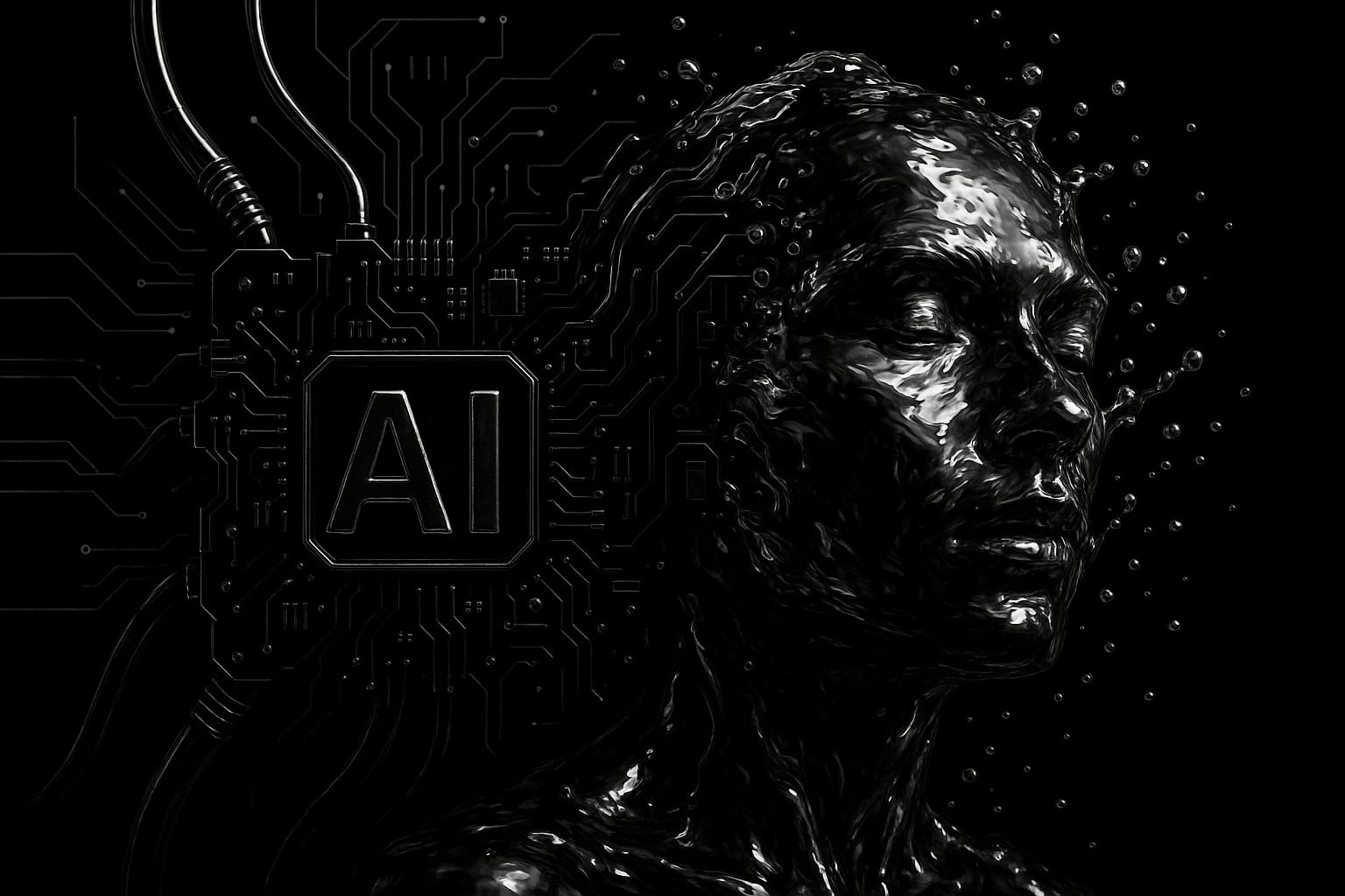 Dark AI integration concept depicting the merging of artificial intelligence with human or machine systems in a moody, dystopian aesthetic, symbolizing power, control, and technological transformation