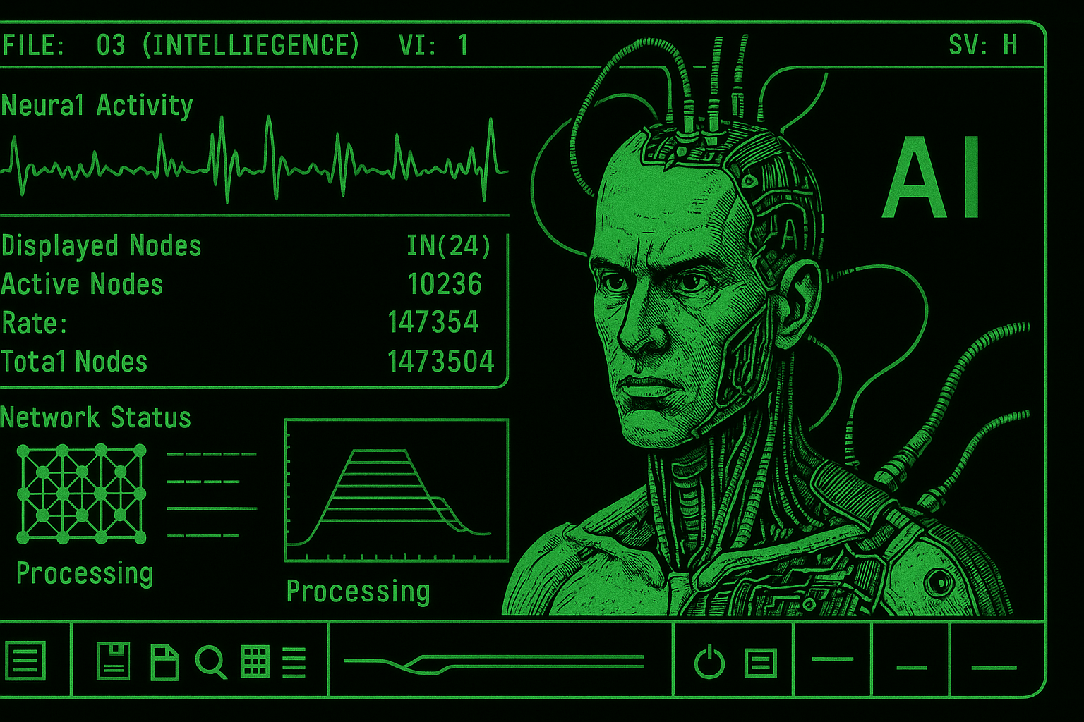 AI neural interface display representing brain-machine connection, advanced cognitive systems, and futuristic human-AI communication technology