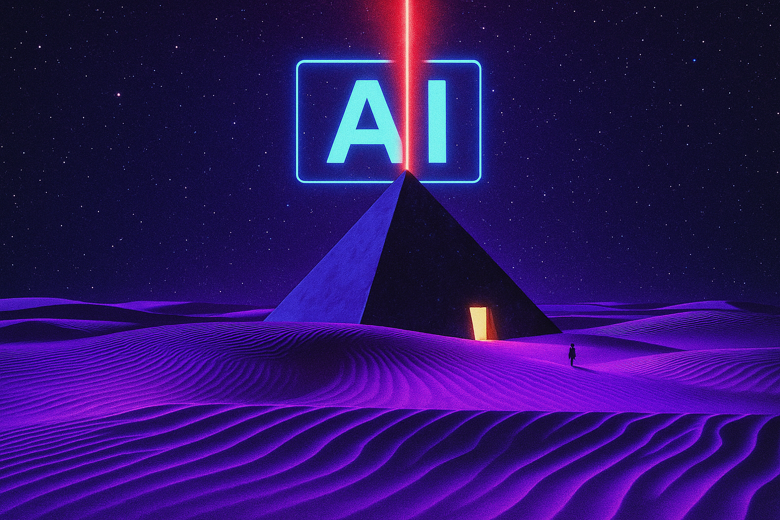 AI pyramid in a desert landscape in high-resolution symbolizing ancient mystery fused with futuristic technology and artificial intelligence symbolism