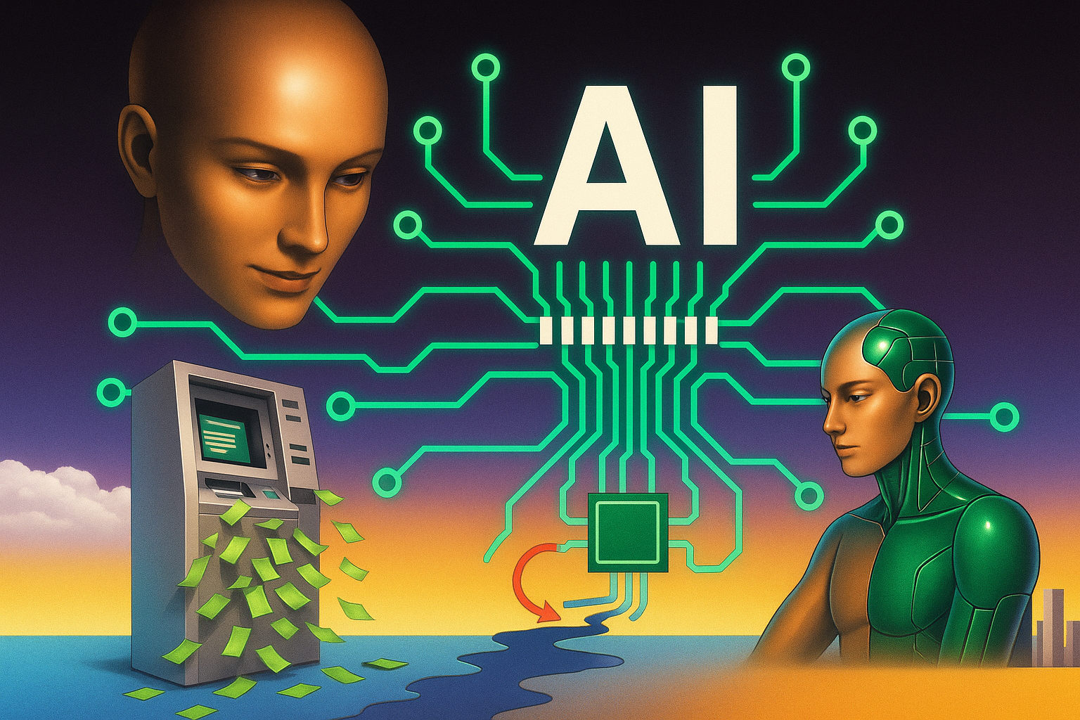 AI money technology concept art depicting the fusion of artificial intelligence and finance, symbolizing digital currencies, automated wealth systems, and futuristic economic innovation