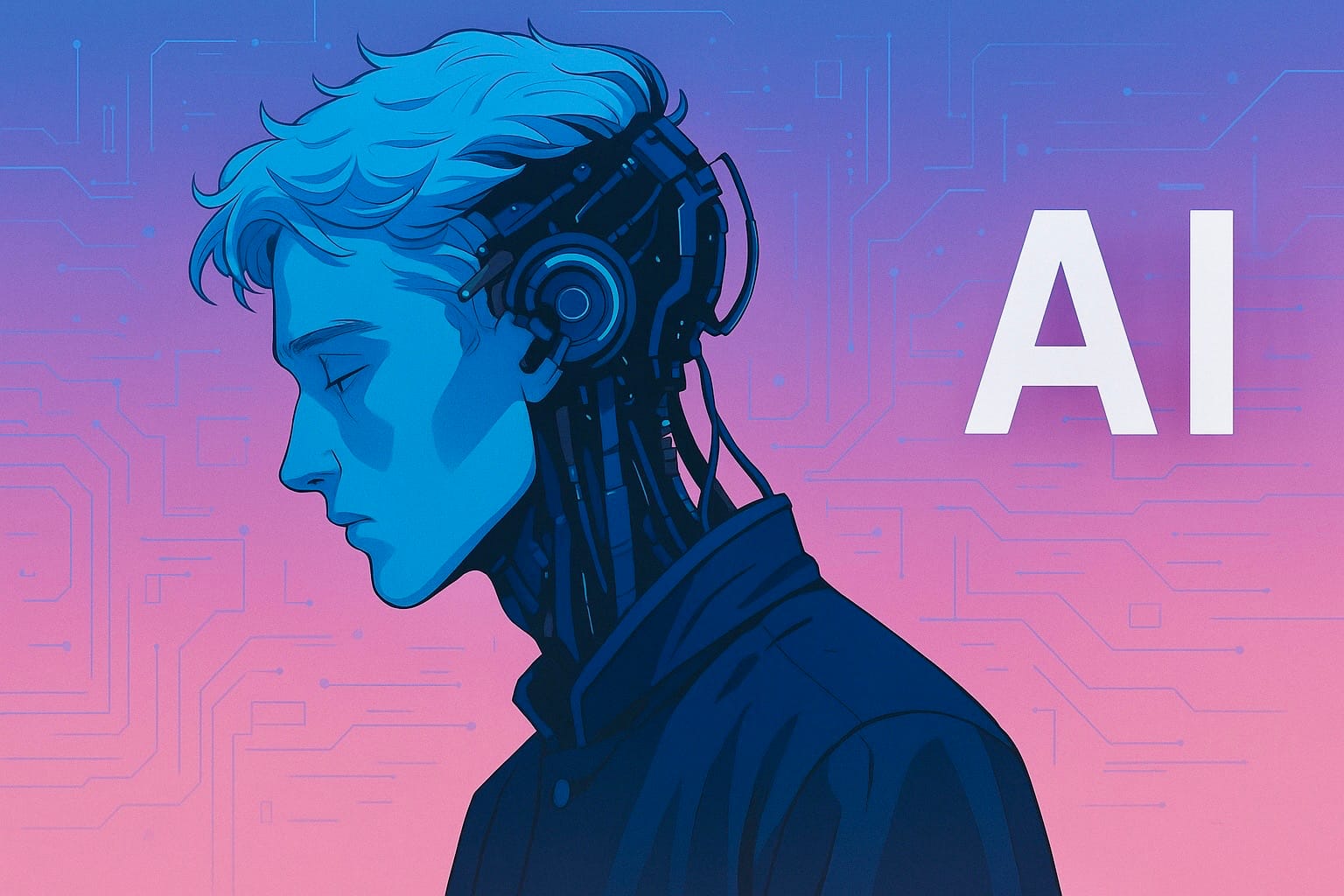 AI-themed futuristic portrait depicting a high-tech humanoid figure symbolizing artificial consciousness, digital identity, and advanced machine intelligence
