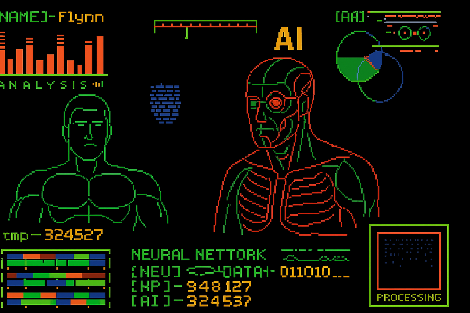 AI-themed neural network interface in retro game style representing vintage digital aesthetics, machine learning visualization, and nostalgic sci-fi design