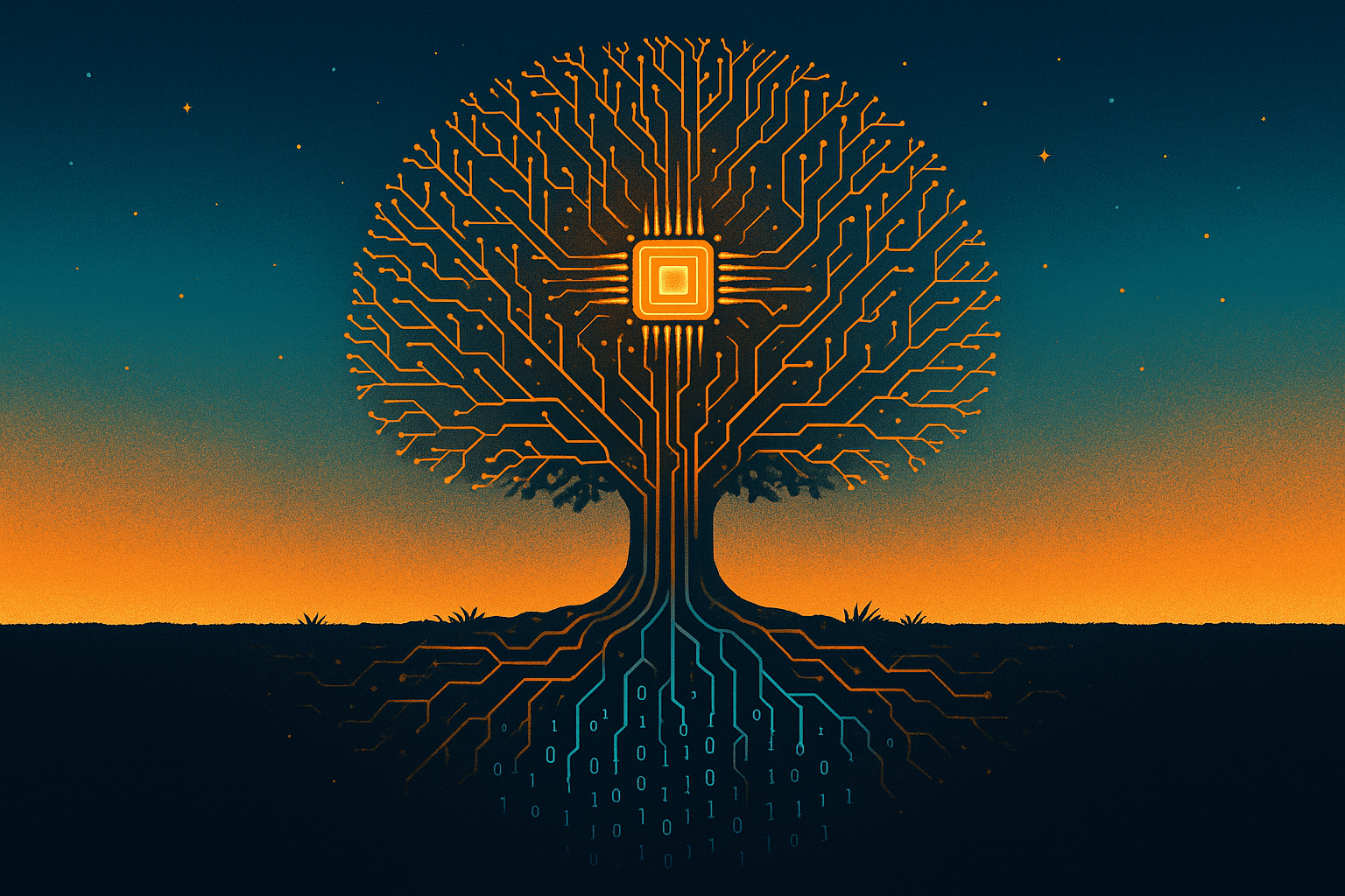 AI tree of technology in high-resolution symbolizing the growth of artificial intelligence, interconnected systems, and the evolution of digital innovation