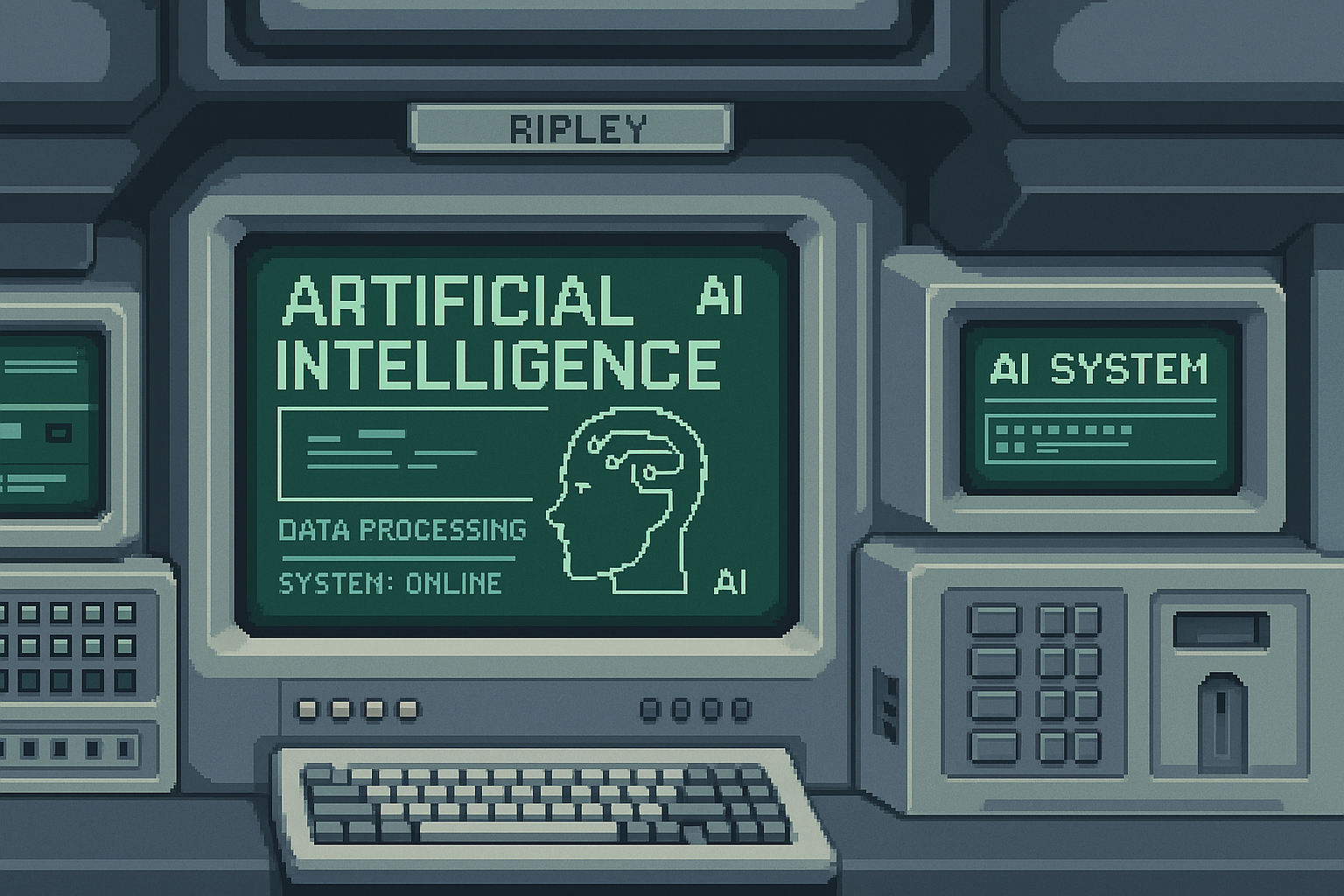 Artificial intelligence system interface in 8-bit style representing retro digital design, vintage computing, and early AI visualization aesthetics
