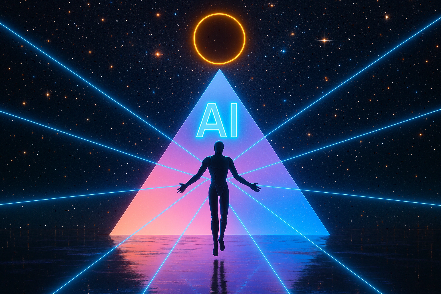 Futuristic AI pyramid glowing with neon lights under starry skies, symbolizing digital mysticism, advanced intelligence, and sci-fi architecture