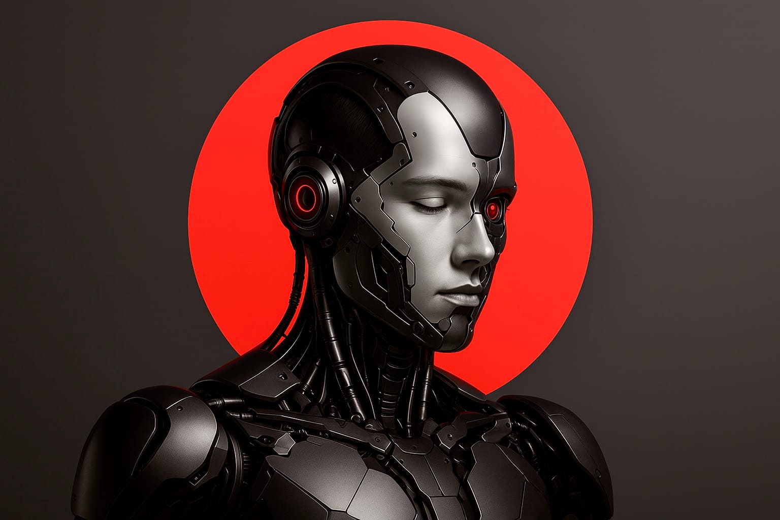 Futuristic AI robot portrait showcasing advanced robotics, artificial intelligence identity, and high-tech humanoid design