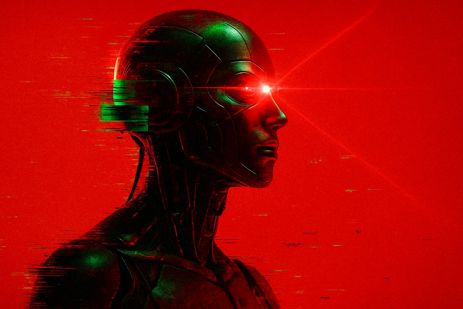 Futuristic AI robot with a red background in high-resolution representing advanced technology, cybernetic presence, and bold sci-fi aesthetics