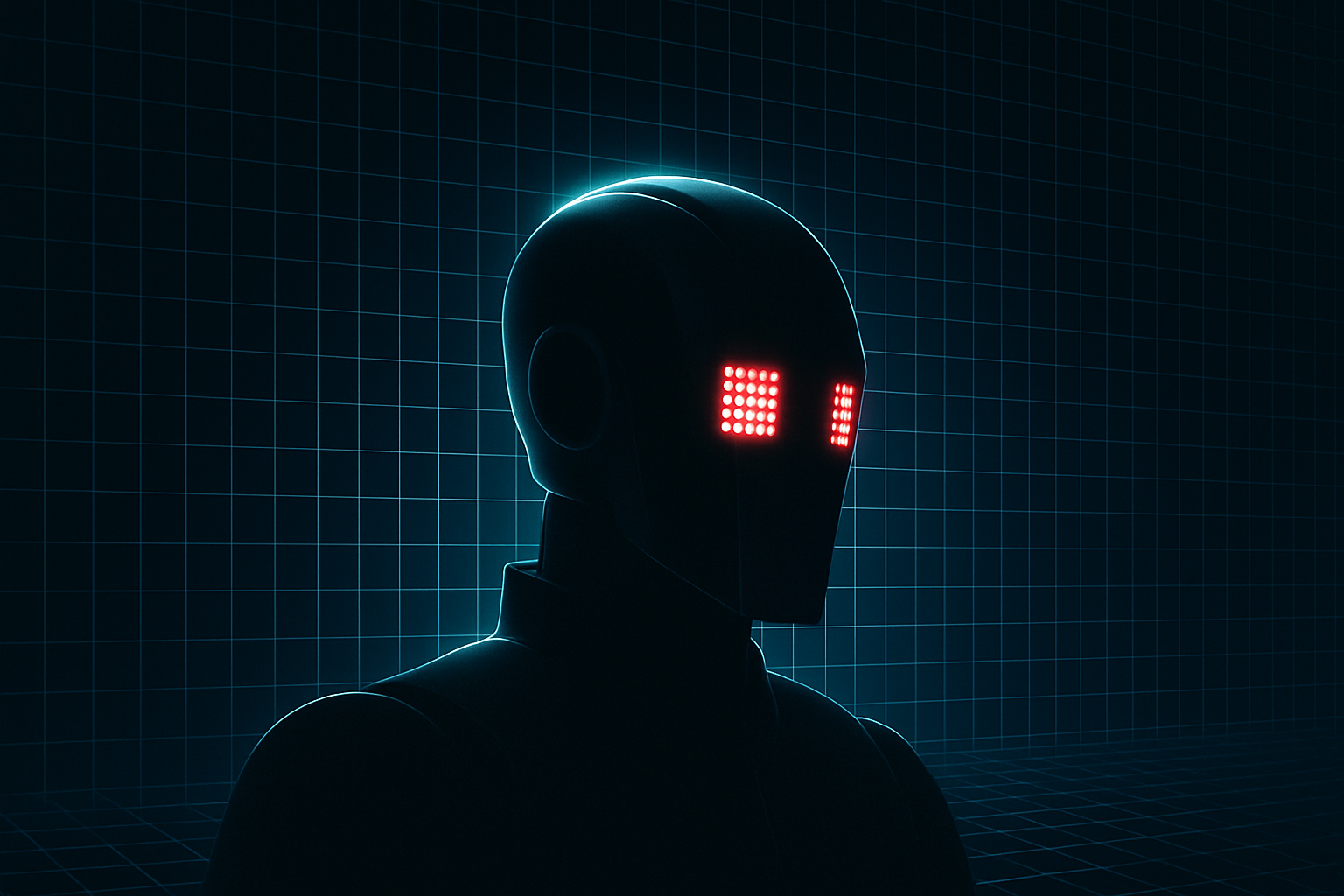 Futuristic AI robot with red eyes in a music-themed setting symbolizing digital sound, artificial intelligence in music, and cybernetic creativity