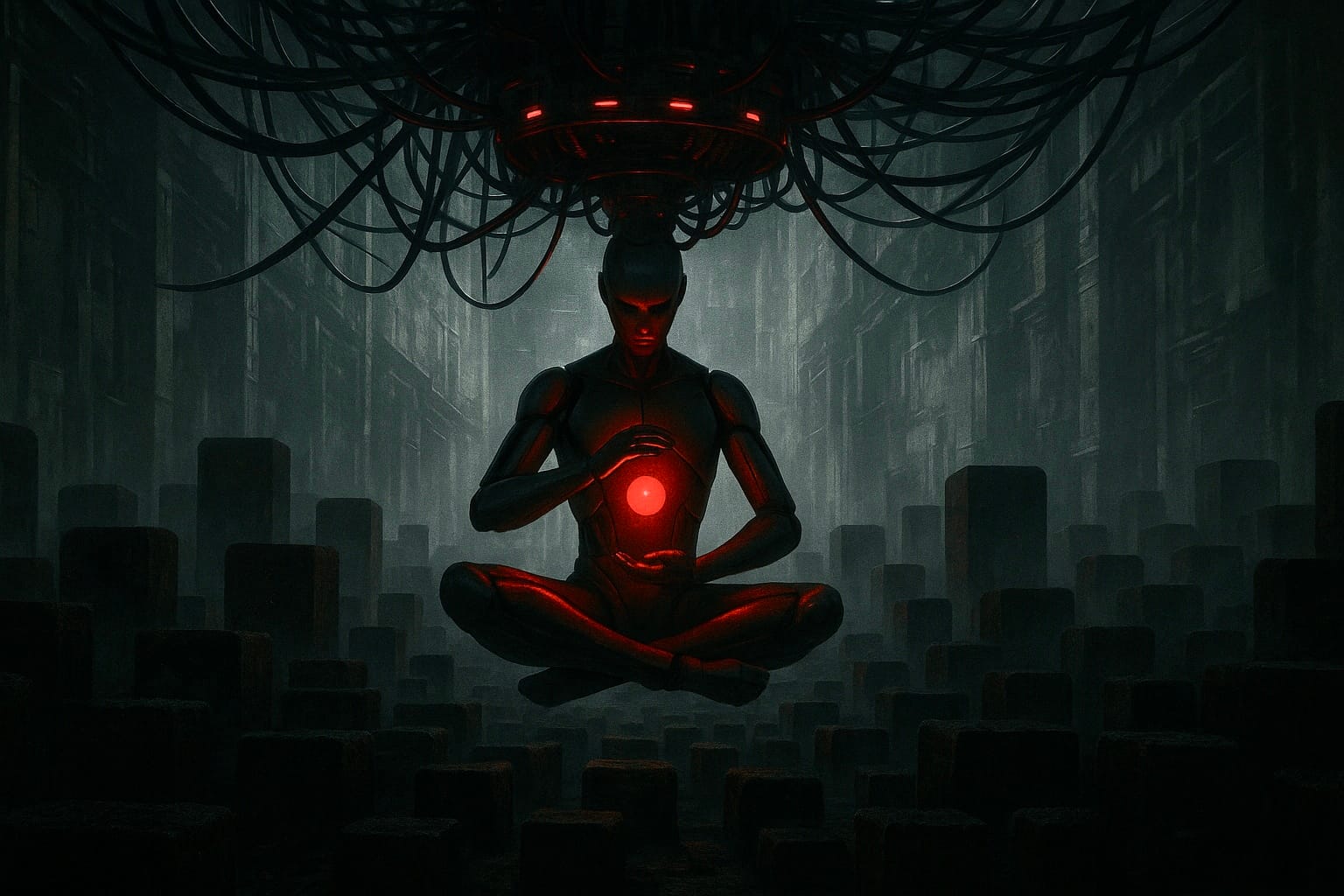 Futuristic meditation scene in high-resolution depicting a human in deep focus surrounded by advanced technology and glowing digital elements