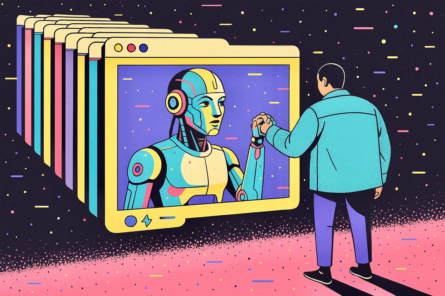 Human and AI robot interaction illustrated in digital art style, representing technological creativity, futuristic relationships, and human-machine integration
