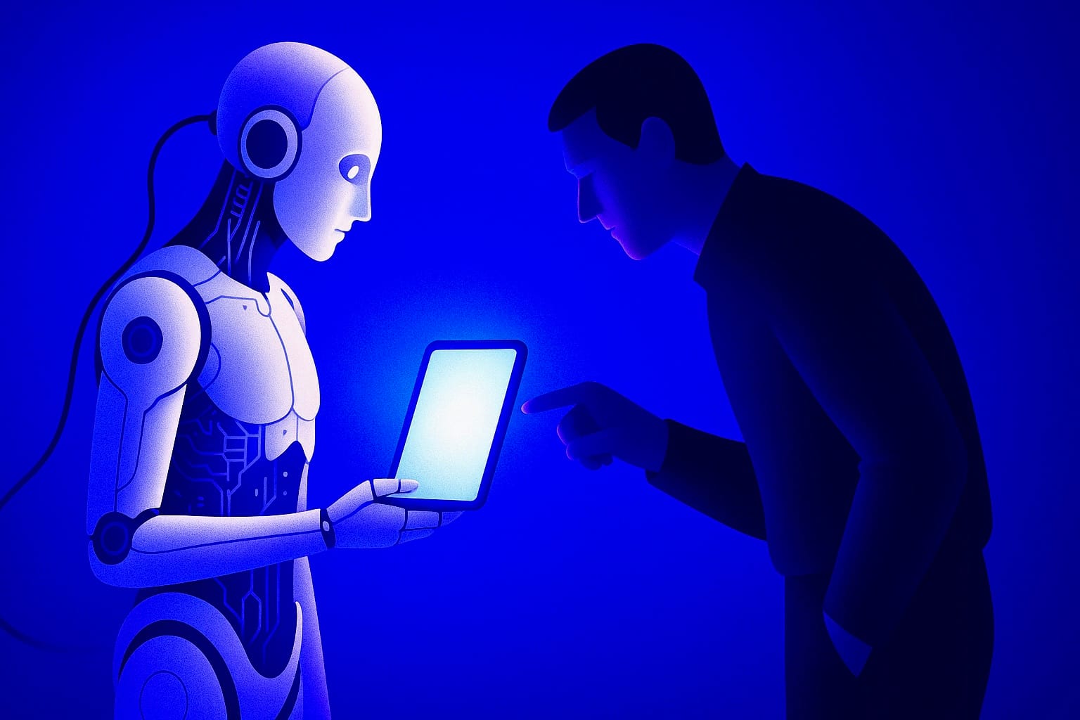 Human and AI robot interaction in a blue minimalistic high-resolution style, symbolizing clean futuristic design, advanced technology, and digital harmony