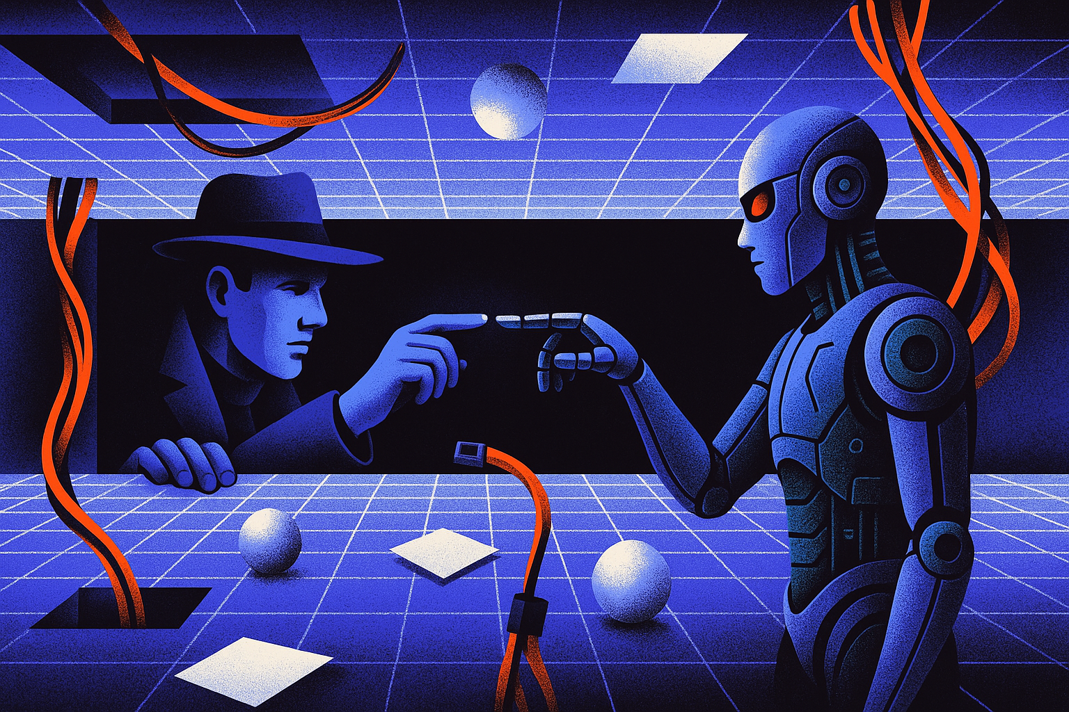 Human and AI robot interaction depicted as futuristic art, symbolizing creative vision, advanced technology, and the aesthetic of human-machine relationships