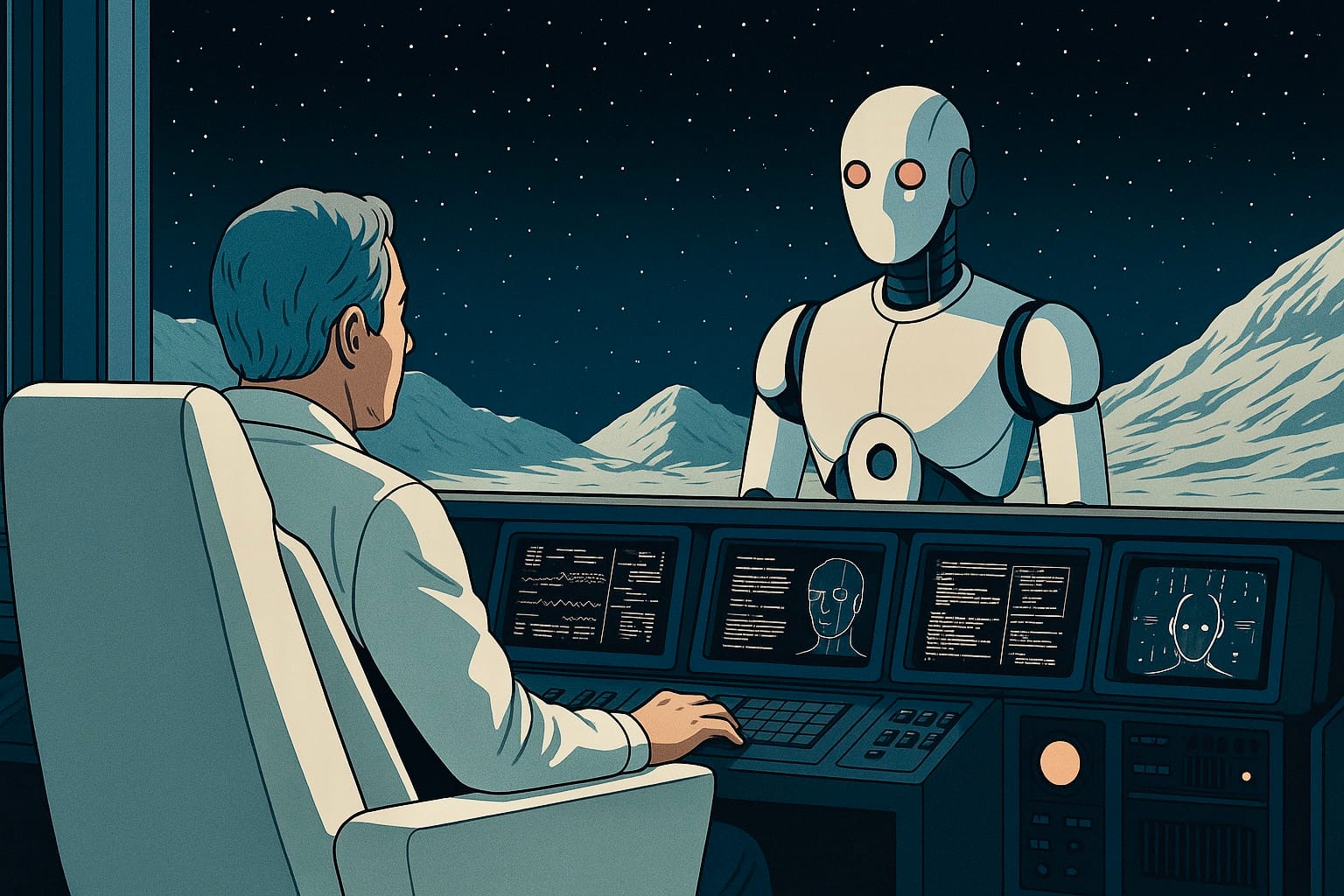 Human and AI robot interacting in outer space in high-resolution, symbolizing interstellar collaboration, futuristic exploration, and advanced artificial intelligence