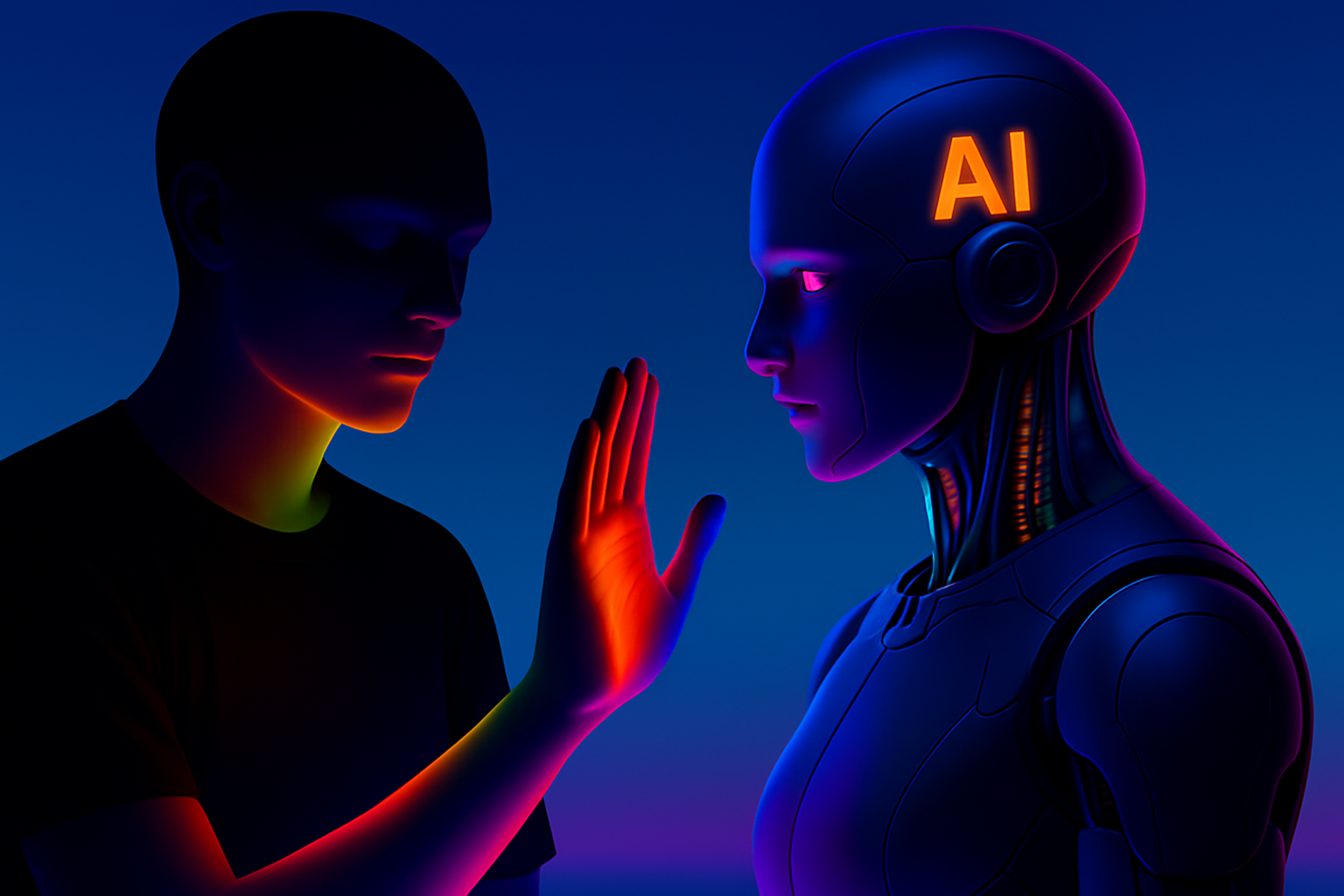 Human and AI interaction in high-resolution depicting advanced communication, intelligent systems, and the evolution of human-AI relationships
