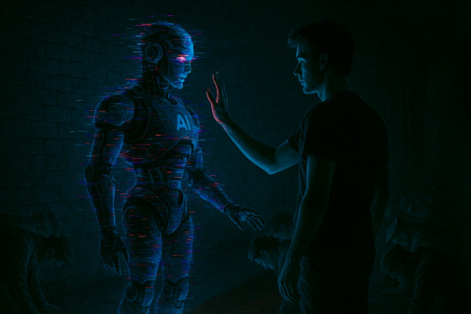 Human and AI interaction with holographic glitches representing digital distortion, virtual presence, and futuristic communication interfaces