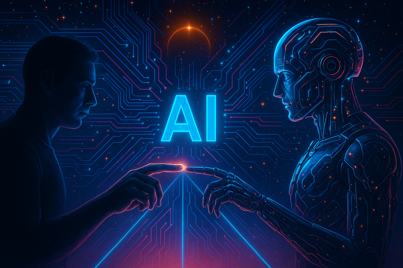 Human and AI robot reaching toward each other symbolizing connection, artificial intelligence integration, and the merging of human and machine intelligence