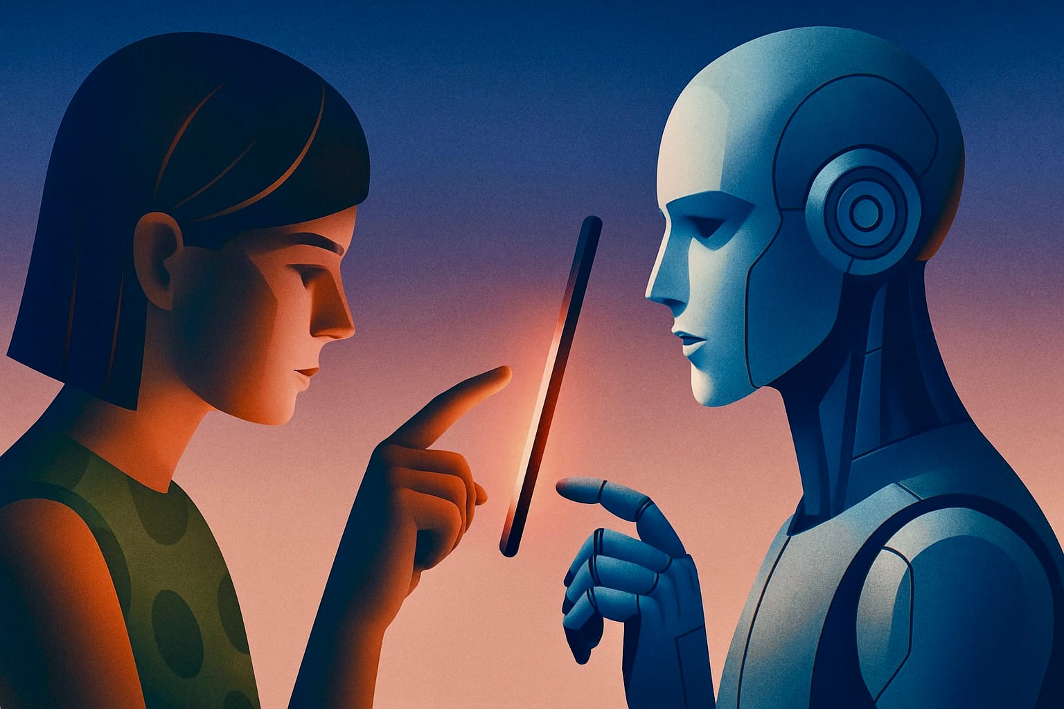 Human and AI robot interaction showcasing advanced technology, emotional connection, and the future of human-AI relationships