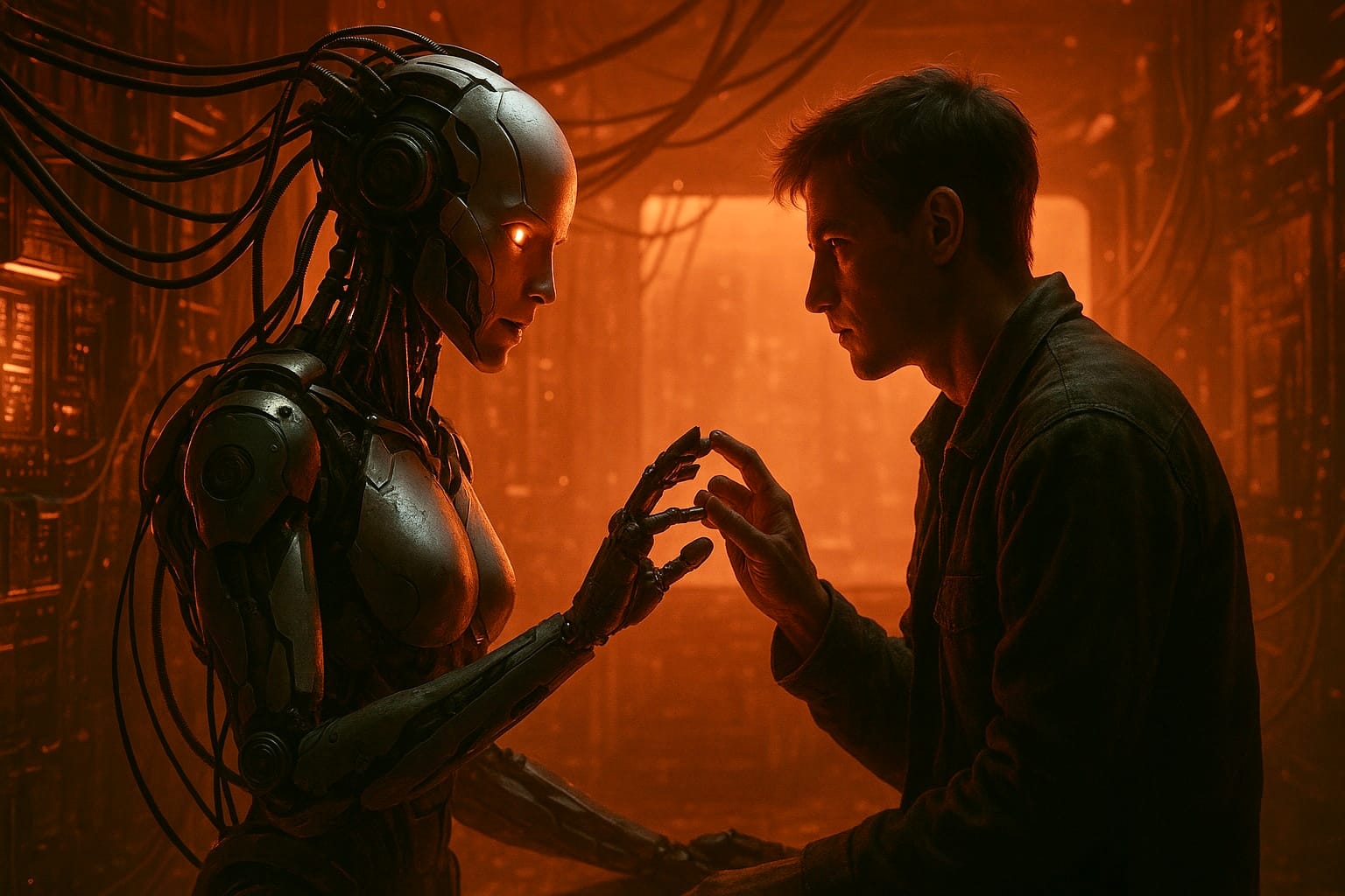 Cinematic scene of human and AI robot interaction in high-resolution, symbolizing emotional connection, advanced robotics, and futuristic storytelling
