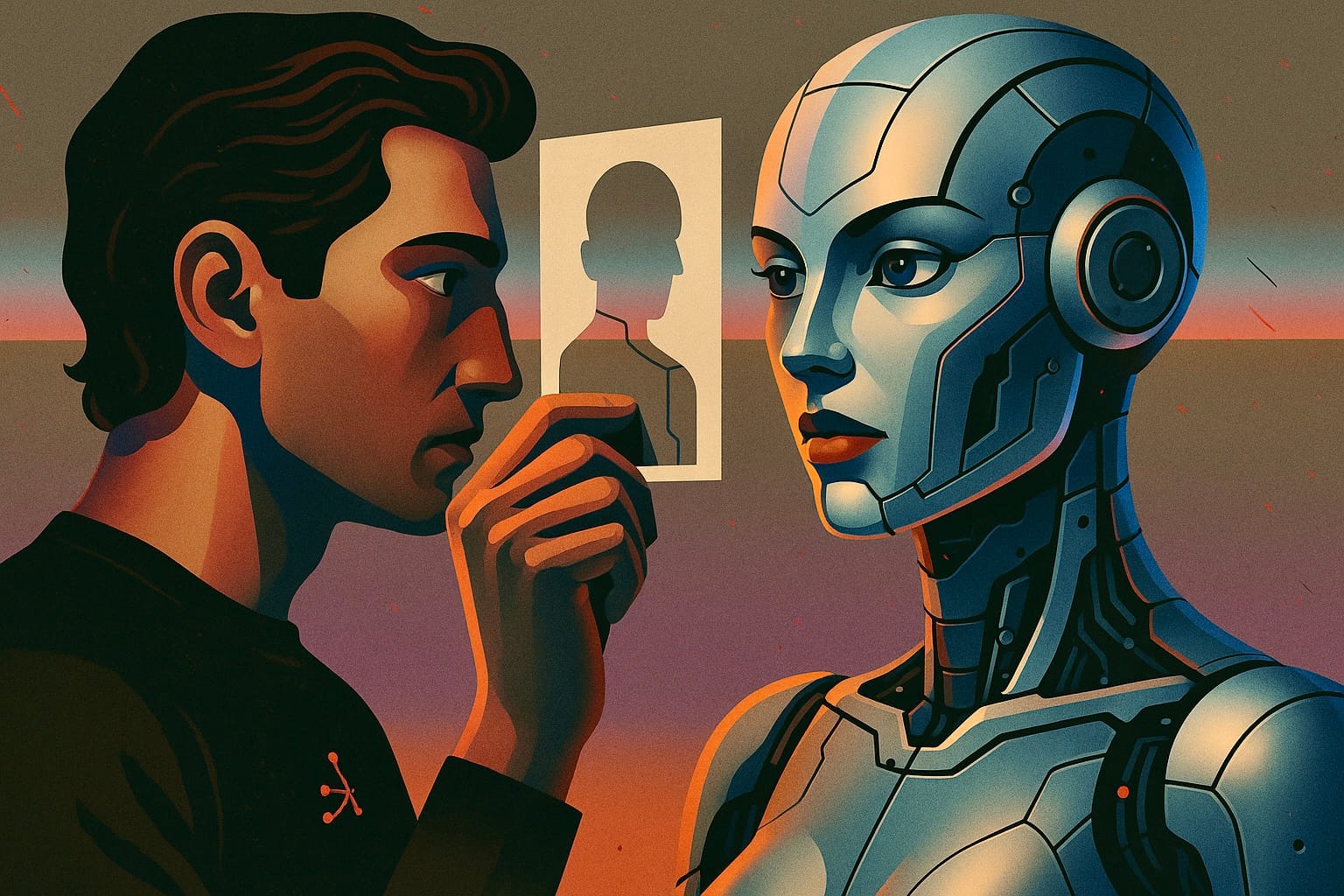 Human and AI robot interacting in a futuristic setting representing collaboration, artificial intelligence integration, and human-machine communication