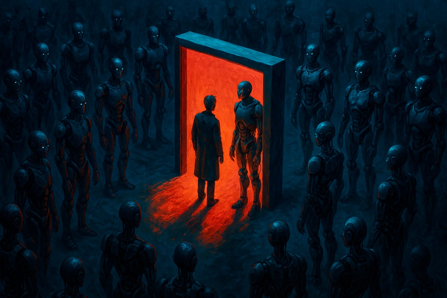 Human and AI robot meeting at a glowing portal symbolizing technological convergence, digital transformation, and futuristic collaboration