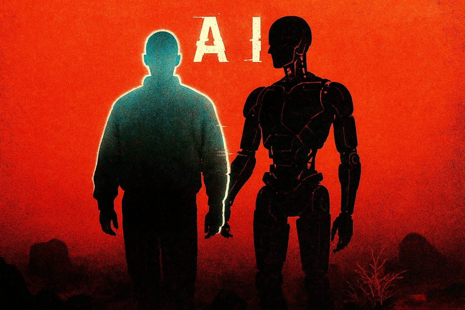 Silhouette of human and AI robot facing each other representing artificial intelligence themes, human-machine relationship, and future technology