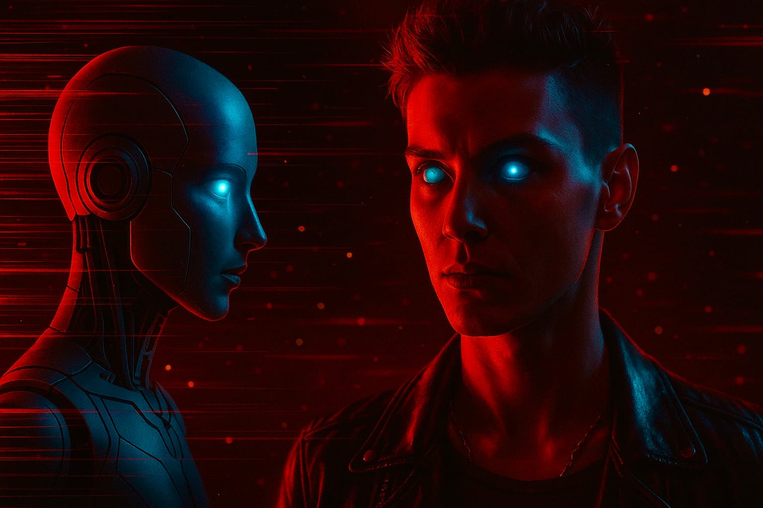 Human and AI robot with glowing eyes depicting futuristic vision, digital consciousness, and high-tech synergy