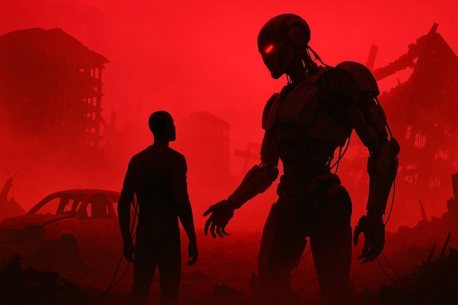 Man and AI robot in a post-apocalyptic environment symbolizing dystopian future, human-machine survival, and advanced technology