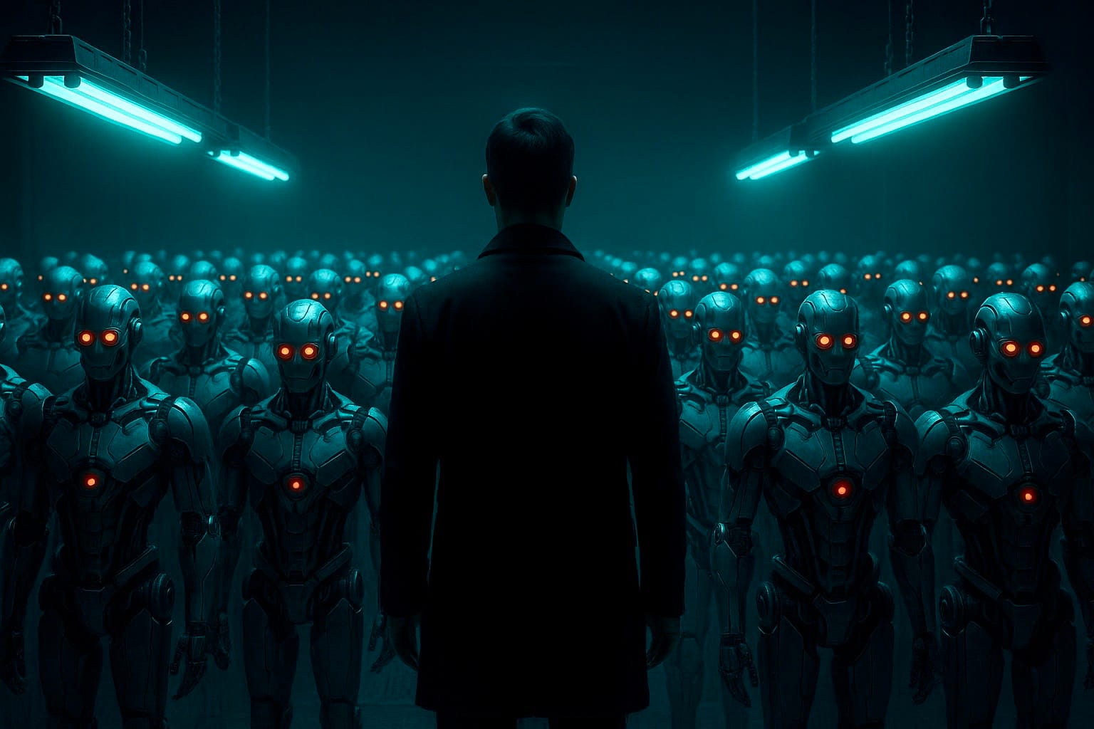 Man facing AI robots in a futuristic environment symbolizing human-AI interaction and machine intelligence