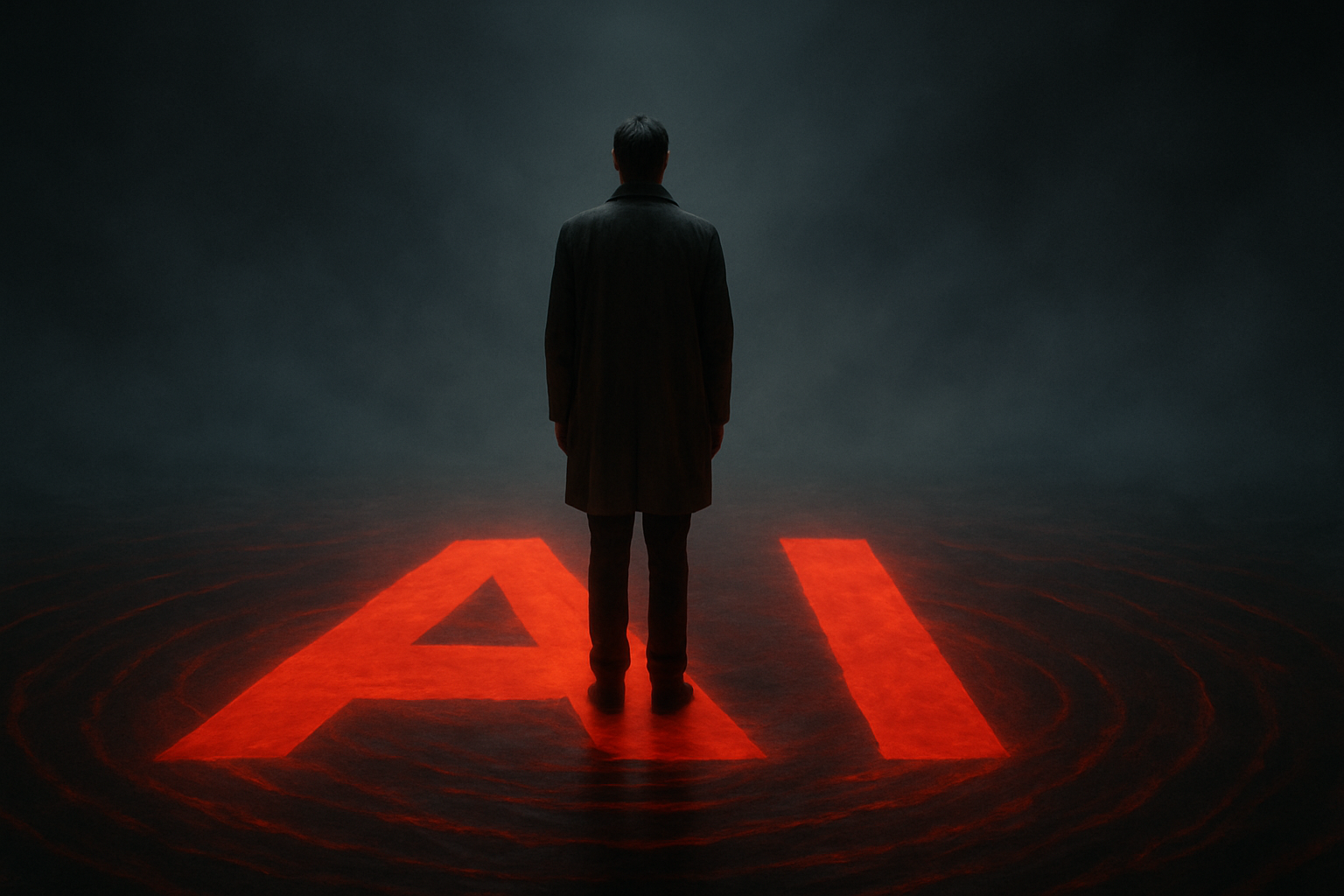 Man standing in front of glowing AI sign representing artificial intelligence awareness and technological advancement