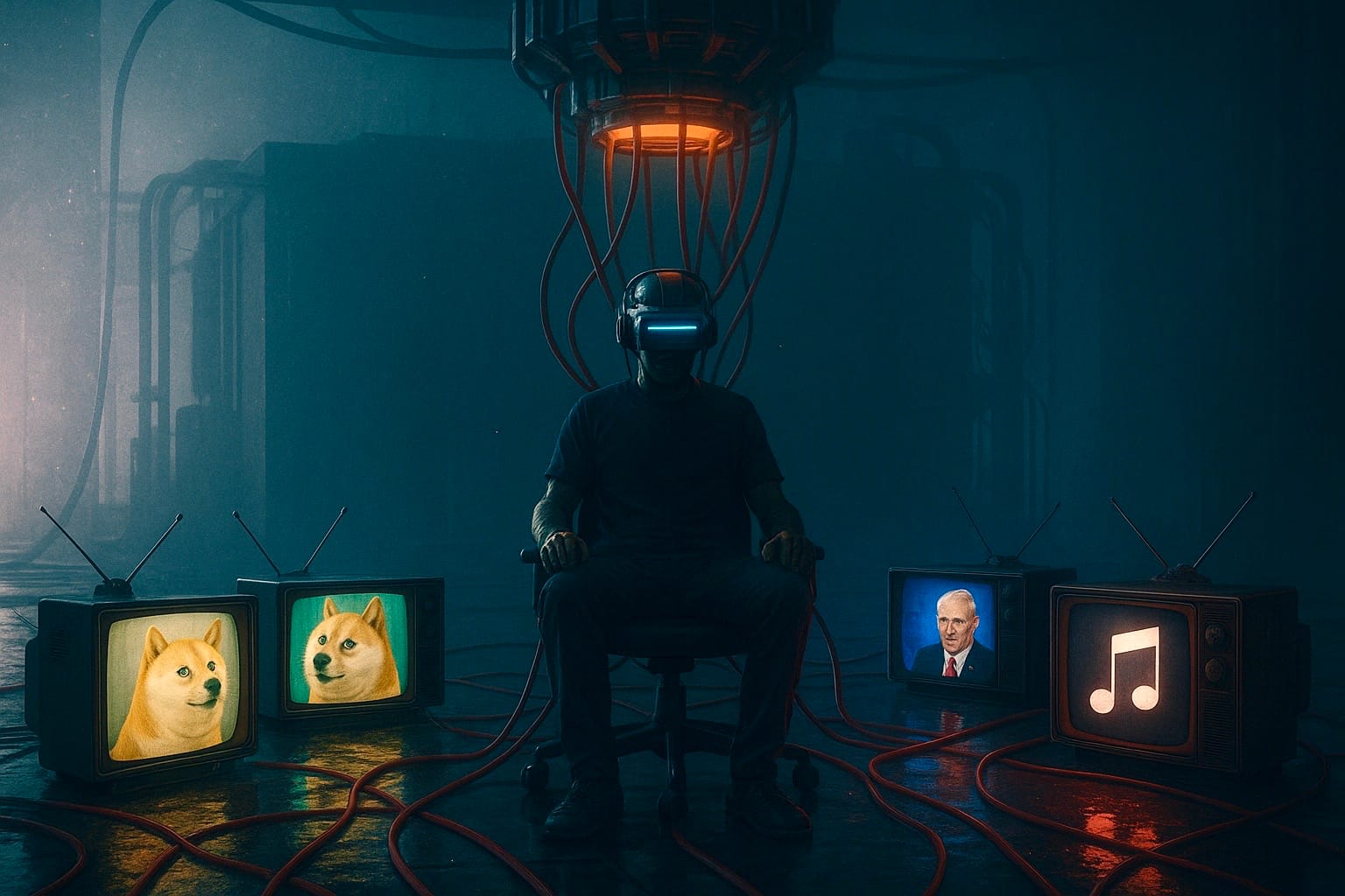 Person wearing a VR headset surrounded by media content — concept of virtual reality influence