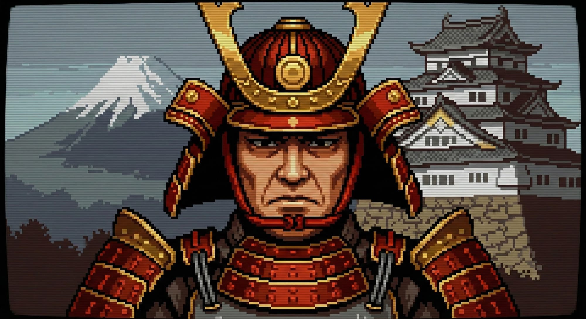 Portrait of a samurai in 16-bit pixel art style, limited palette of 16 colors, sharp pixels without anti-aliasing, retro game aesthetic