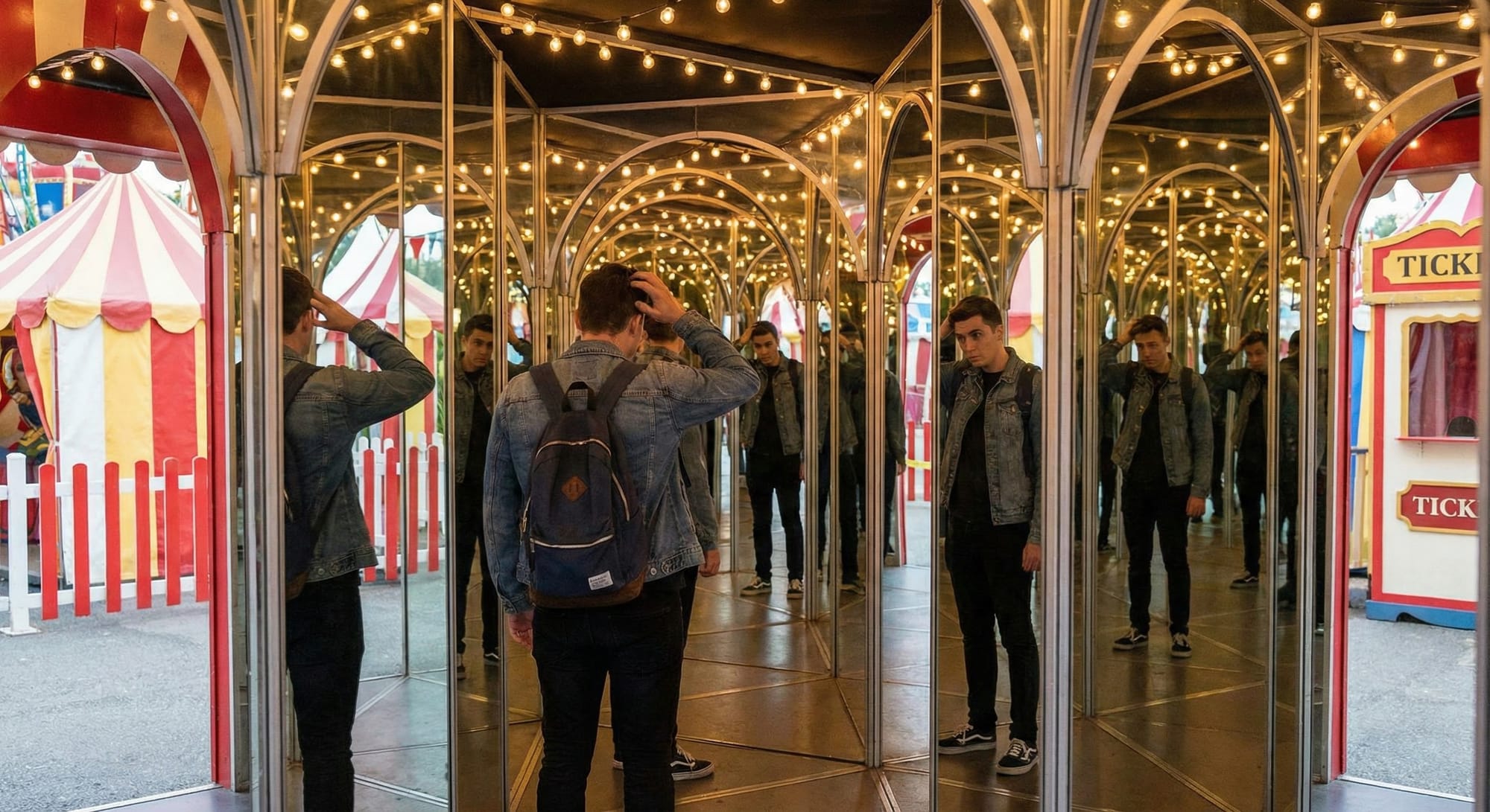 Person standing in a mirror maze, multiple reflections visible in all directions, all reflections consistent with each other, photorealistic, carnival setting