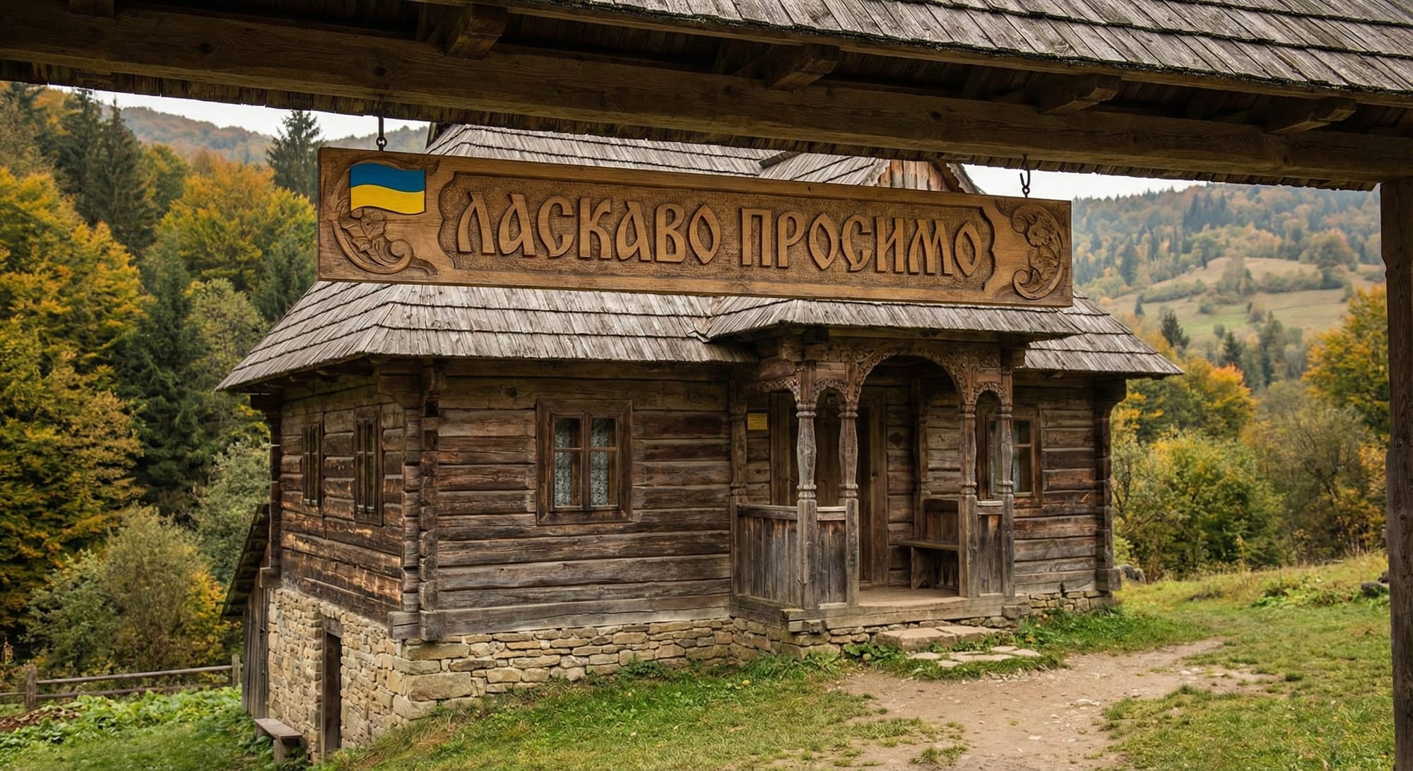 Wooden sign reading 'ЛАСКАВО ПРОСИМО' (Welcome in Ukraine 🇺🇦 ) at the entrance of a traditional Ukranian wooden house in the Carpathians, photorealistic.